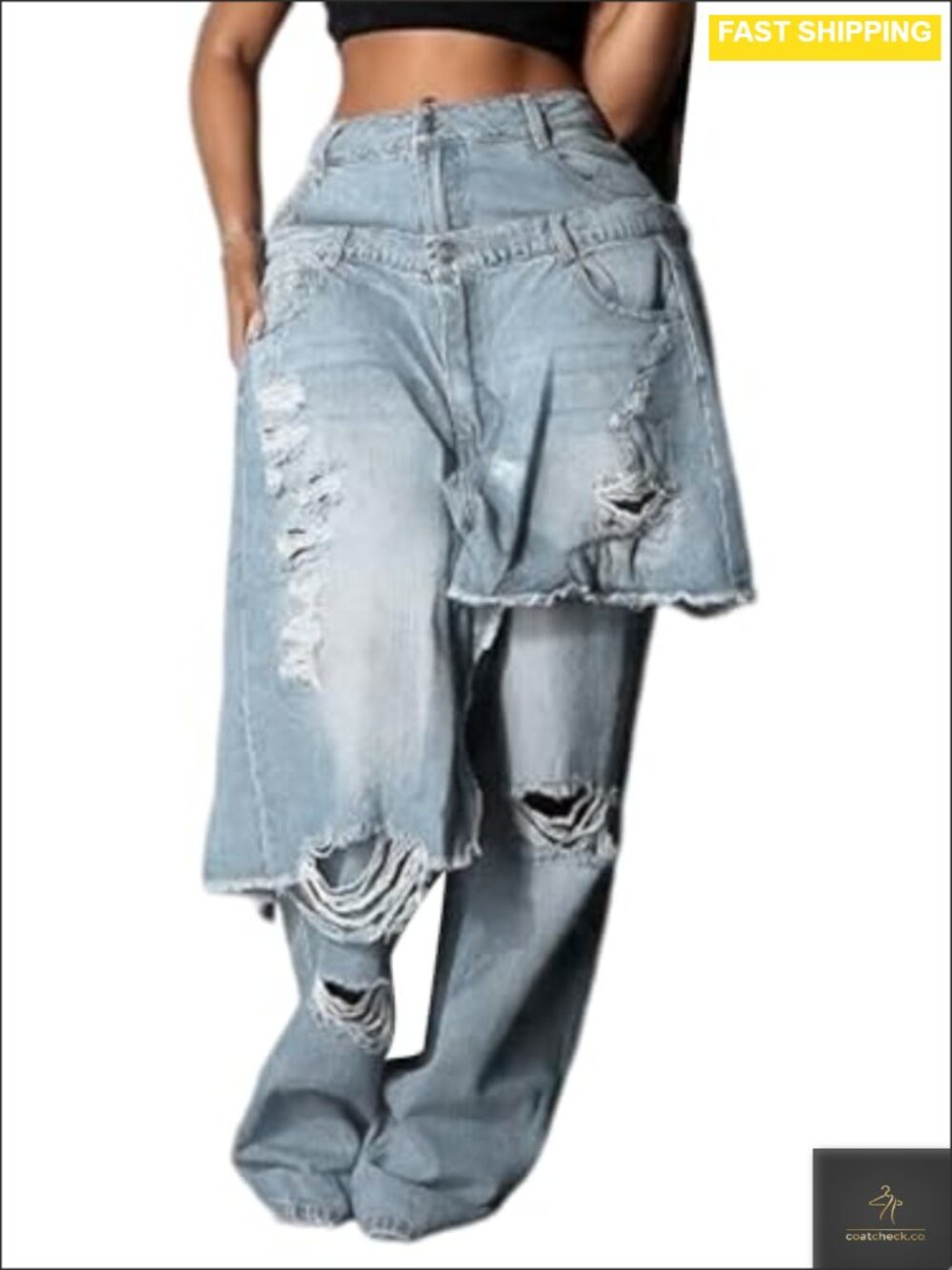 Ripped Baggy Jeans High Waist Wide Leg Patchwork Streetwear
